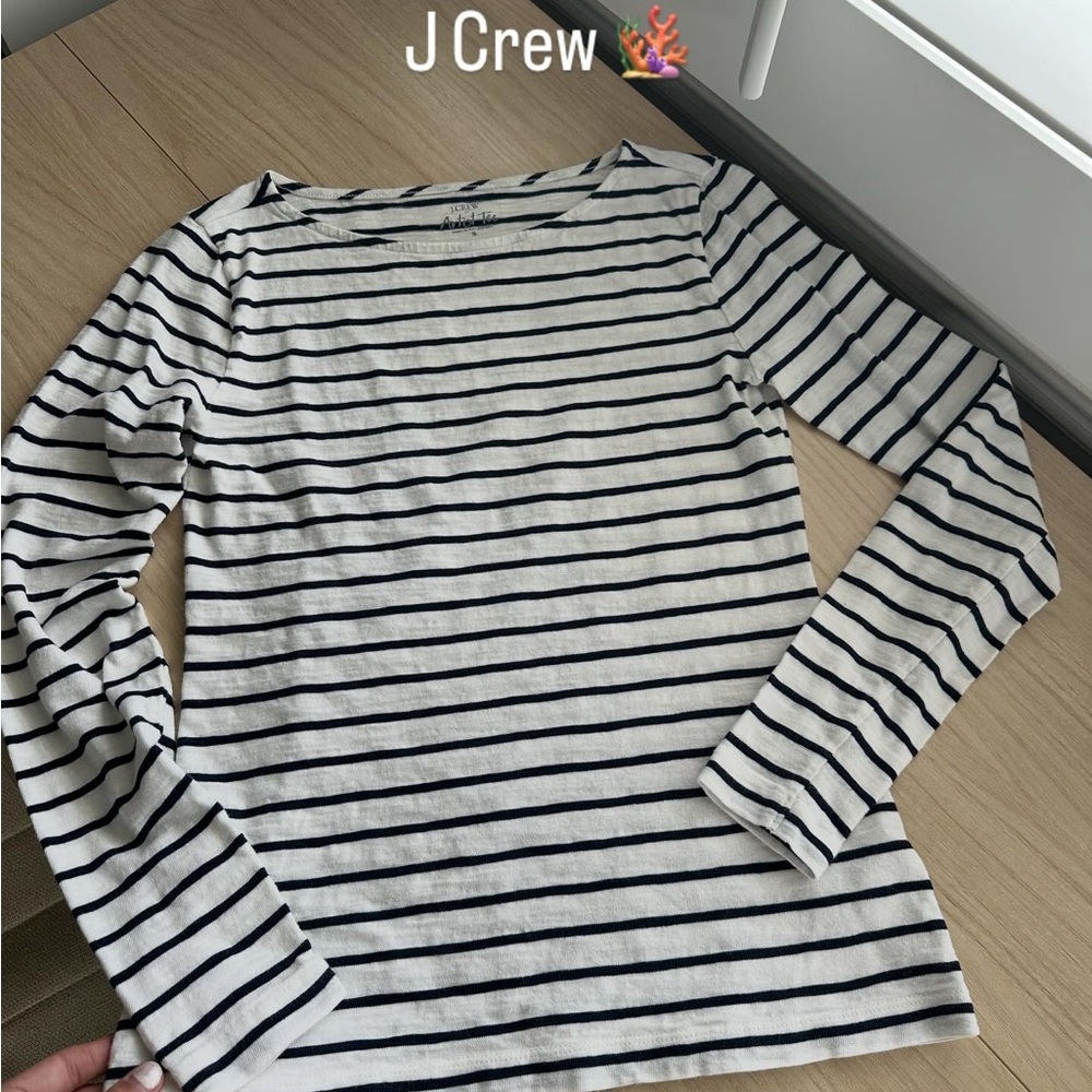J. Crew White and Blue Fitted Long Sleeve Blouse